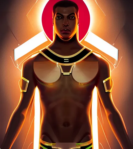 Image similar to symmetry!! egyptian prince of technology, solid cube of light, hard edges, product render retro - futuristic poster scifi, lasers and neon circuits, brown skin man egyptian prince, intricate, elegant, highly detailed, digital painting, artstation, concept art, smooth, sharp focus, illustration, dreamlike, art by artgerm