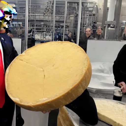 Image similar to donald trump eating a large wheel of cheese,