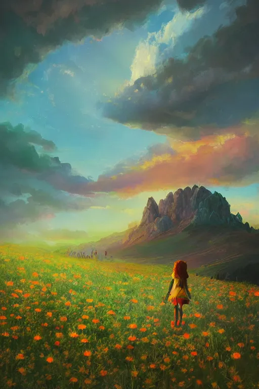 Image similar to giant daisy flower head, girl hiking in the mountains, surreal photography, sunrise, dramatic light, impressionist painting, colorful clouds, digital painting, artstation, simon stalenhag