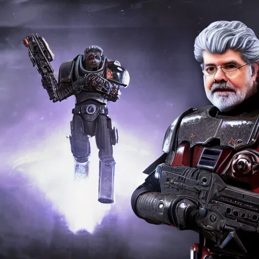 Prompt: portrait of george lucas as the emperor of humanity from warhammer 4 0 k in gears of war, splash art, movie still, cinematic lighting, dramatic, octane render, long lens, shallow depth of field, bokeh, anamorphic lens flare, 8 k, hyper detailed, 3 5 mm film grain