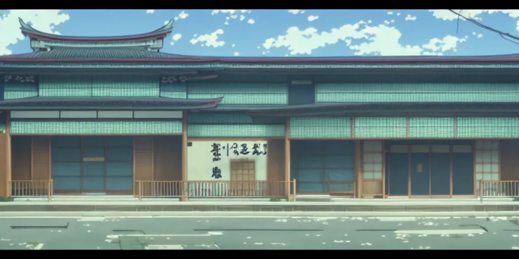 Image similar to close up front view of a japanese building facade with signs on it, a screenshot from the anime film by Makoto Shinkai