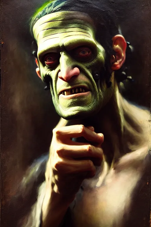 Image similar to photograph imax and solomon joseph solomon and richard schmid and jeremy lipking victorian loose genre loose painting full length portrait painting of frankenstein