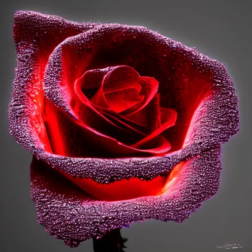 Image similar to award - winning macro of a beautiful black rose made of glowing molten magma on black background by harold davis, georgia o'keeffe and harold feinstein, highly detailed, hyper - realistic, inner glow, trending on deviantart, artstation and flickr, nasa space photography, national geographic