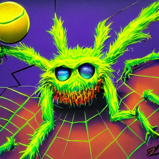 Prompt: a tennis ball monsters, spider, colorful, digital art, fantasy, magic, chalk, trending on artstation, ultra detailed, professional illustration by basil gogos