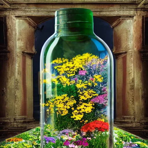 Prompt: A house in a field full of miniature flowers inside a bottle, conceptual art, photo realistic, photo studio