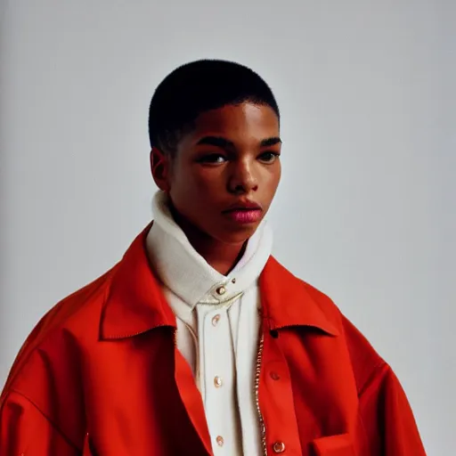 Image similar to realistic photoshooting for a new balenciaga lookbook, color film photography, portrait of a beautiful woman, model wearing a workwear jacket, by photo in style of Tyler Mitchell, 35mm,