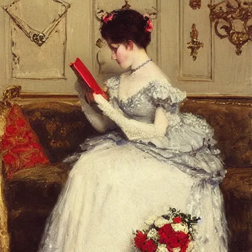 Prompt: victorian girl in ball gown sleeping, book in hand, painting by alfred stevens