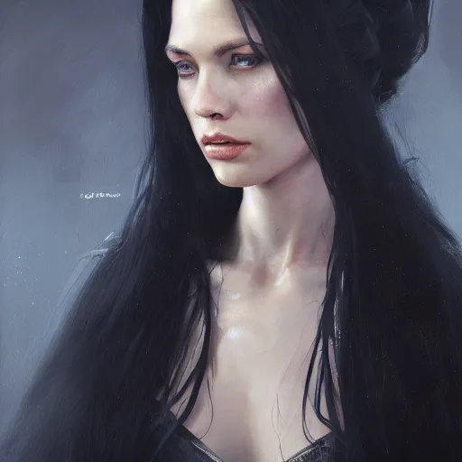 Image similar to An oil painting of a stunningly beautiful female wizard, 30 years old, long black hair, sharp facial features, beautiful, highly detailed, by Cédric Peyravernay, by greg rudkowski, trending on artstation