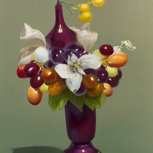 Prompt: a white ceramic vase, with colored flowers, with grapes, complementary colors, studio photo, photorealism, symmetry.