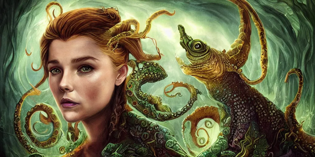 Prompt: Fantasy fairytale style portrait painting, Great Leviathan Turtle, cephalopod, Cthulhu Squid, hybrid, Mythic Island, center Universe, accompany Cory Chase, Blake Lively, Anya_Taylor-Joy, Grace Moretz, Halle Berry, Mystical Valkyrie, Anubis-Reptilian, Atlantean Warrior, hybrid, intense fantasy atmospheric lighting, hyperrealistic, William-Adolphe Bouguereau, François Boucher, Michael Cheval, Oil Painting, Cozy, hot springs hidden Cave, candlelight, natural light, lush plants and flowers, Spectacular Mountains, bright clouds, luminous stellar sky, outer worlds, Jessica Rossier, michael whelan, Solar Flare HD,