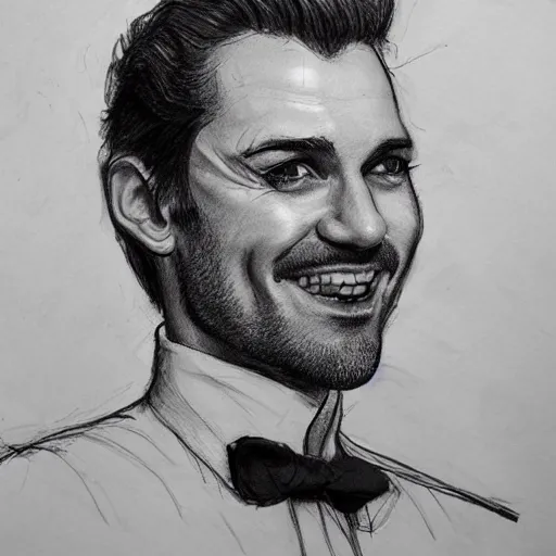 Prompt: a seafairing gay french man with a snooty smug smile, charcoal drawing, black and white, ink and paper, portrait, trending on artstation, behance, deviantart, drawn by tom lovell, artgerm, jsc, j. scott campbell