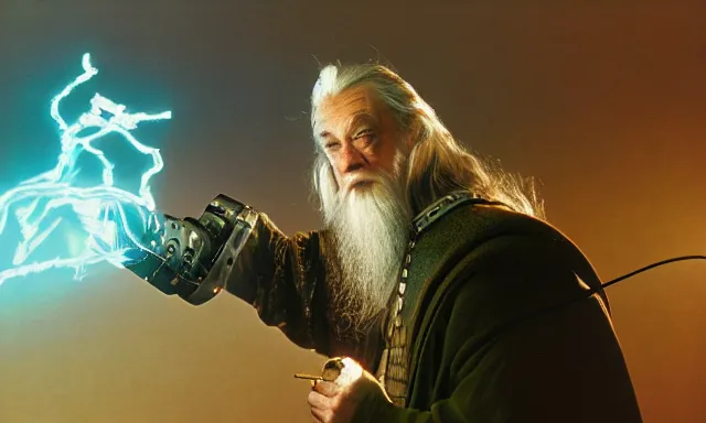 Image similar to cyber - gandalf with large robotic arm and fingers battling the balrog epic 3 5 mm photograph