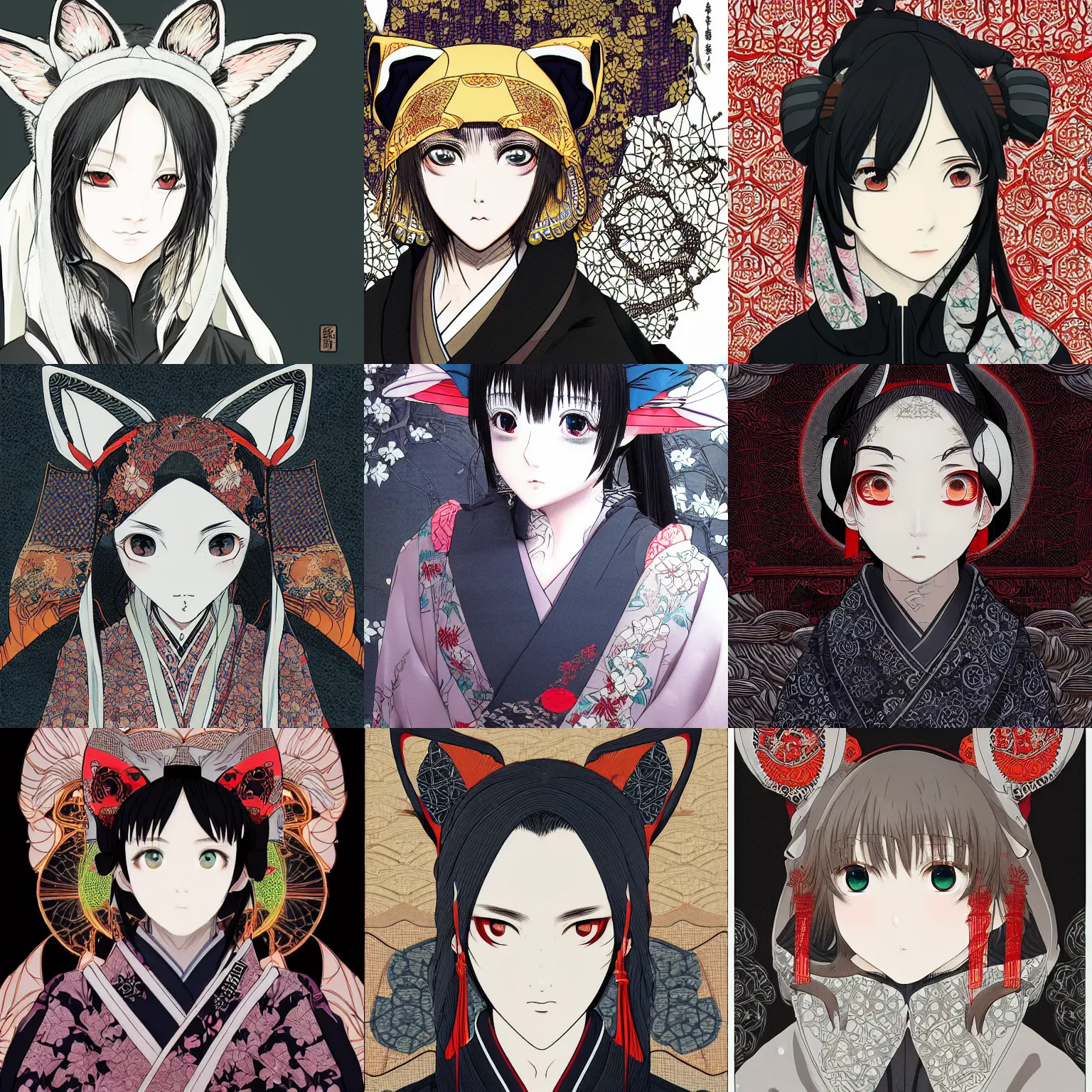 Prompt: kimono techwear occultist with white fox ears, beautiful, detailed symmetrical close up portrait, intricate complexity, in the style of kyoto animation key visuals and takato yamamoto, cel shaded