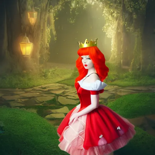 Image similar to doll style red head queen, full body, alice in wonderland theme, disney inspired fantasy background, octane render, cinematic lighting, unreal engine, 8 k, ultra hd, realistic face