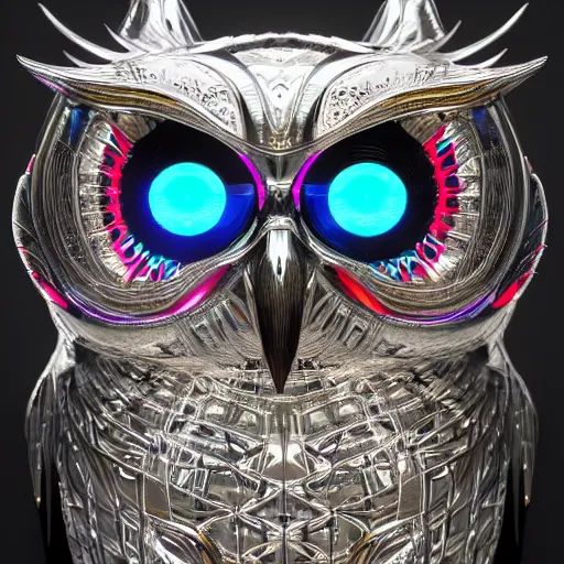 Image similar to chrome owl, glossy, metallic, neon, symmetrical, tribal patterns, realistic, unreal engine, octane, redshift, artstation, behance