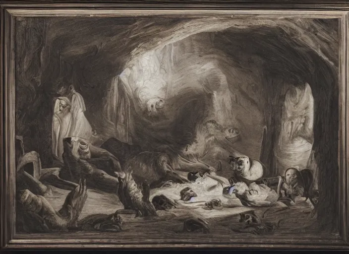 Image similar to Pieter Claesz's 'viewer looking into dark cave and seeing a mother bear and her cubs sleeping', night time, cross hatching, framed painting hanging over couch