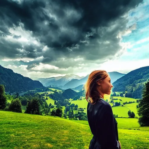 Image similar to a beautiful photograph of a girl with switzerland landscape in the background with trees, hdr, 8 k, high quality, sharp focus, artstation, highly detailed, award - winning, dramatic lighting, beautiful clouds, and nature