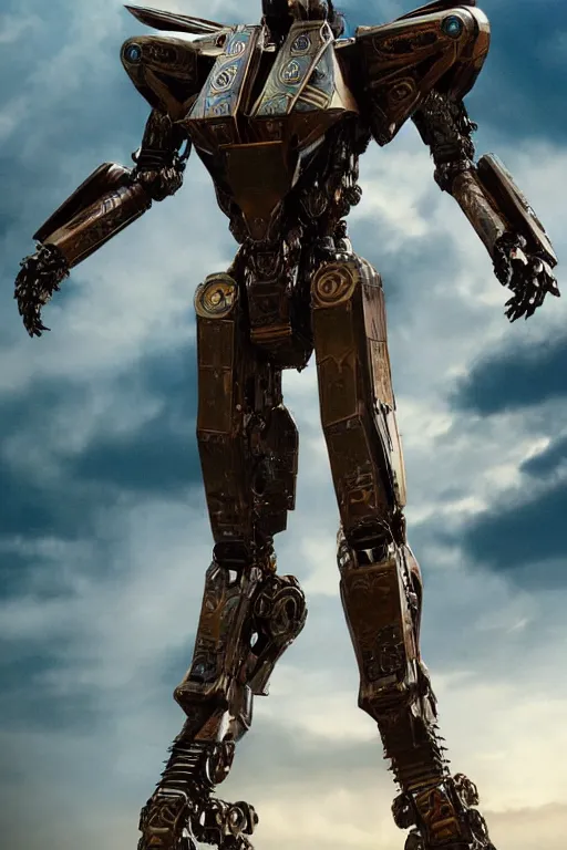 Image similar to cinematic still in dune movie and pacific rim movie and ps 5 game machine warrior 5, intricate ornate humanoid mecha warrior,