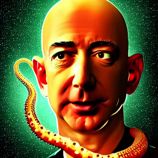Prompt: Jeff Bezos as a terrifying cosmic horror with tentacles and soulless eyes with a cosmic background. Epic digital art