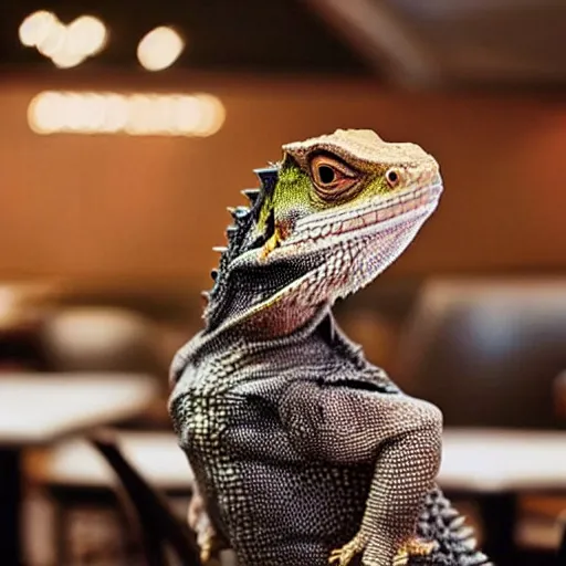 Prompt: a life sized bearded dragon standing up, wearing a suit and tie in a restaurant, asking you what you want to order for food