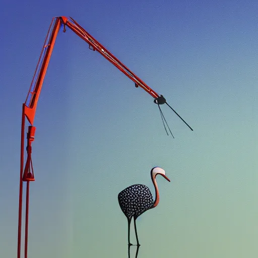 Image similar to a hybrid of a crane and a frog on the background of a blue sunset, photorealism, 4 k