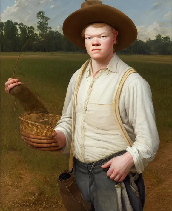 Image similar to portrait of jesse plemons as a farmer in louisiana, art by denys tsiperko and bogdan rezunenko and george caleb bingham, hyperrealism