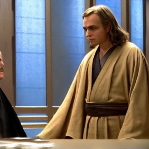 Prompt: jedi master anakin skywalker in jedi robes talking to saul goodman in a suit in court, us court, better call saul scene 1 0 8 0 p, court session images, realistic faces