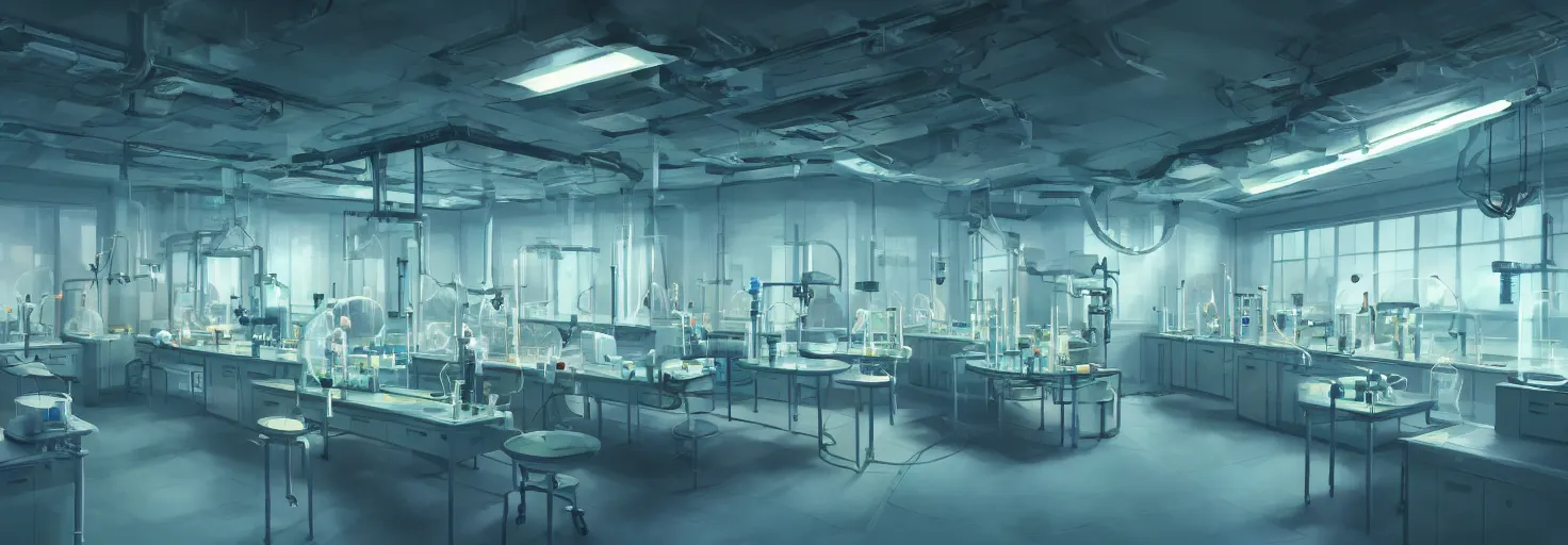Prompt: brightly lit organic chemistry laboratory from the distant future, science fiction industrial hard science concept art, 8K render octane high definition cgsociety