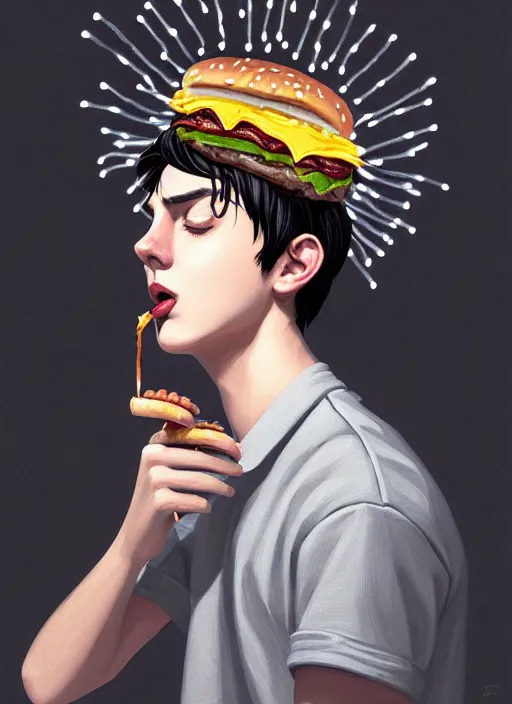 Image similar to portrait of teenage jughead jones wearing a light grey crown, crown, eating hamburger, eyes closed, crown, black hair, intricate, elegant, glowing lights, warm lighting, highly detailed, digital painting, artstation, concept art, smooth, sharp focus, illustration, art by wlop, mars ravelo and greg rutkowski