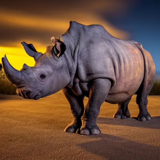 Prompt: photo of rhino at night with dramatic lighting