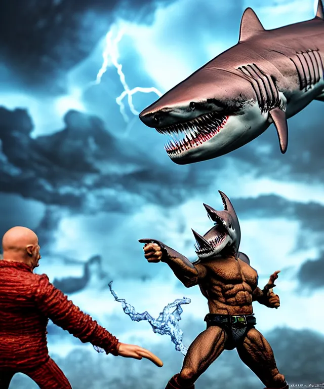 Image similar to hyperrealistic rendering, epic boss battle, epic shark king overlord, by art of skinner and richard corben, product photography, collectible action figure, sofubi, hottoys, storm clouds, outside, lightning