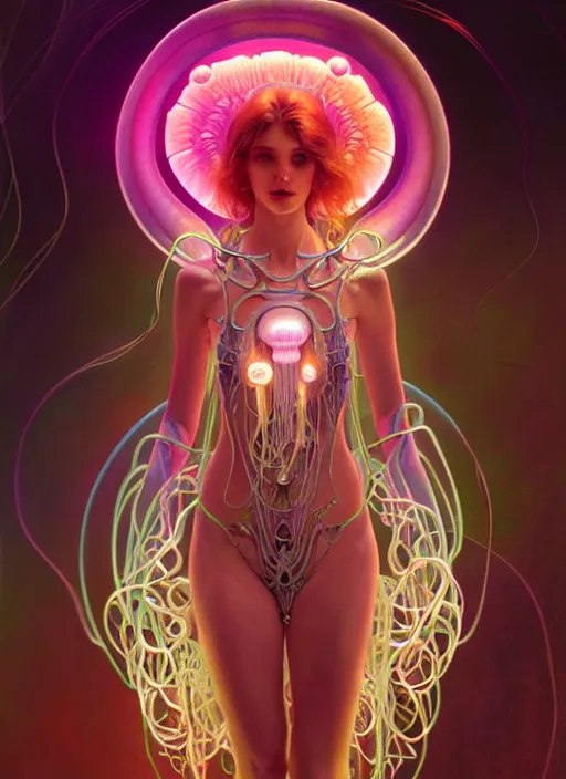 Image similar to organic cyborg, neon jellyfish, diffuse lighting, fantasy, intricate, elegant, highly detailed, lifelike, photorealistic, digital painting, artstation, illustration, concept art, smooth, sharp focus, art by John Collier and Albert Aublet and Krenz Cushart and Artem Demura and Alphonse Mucha