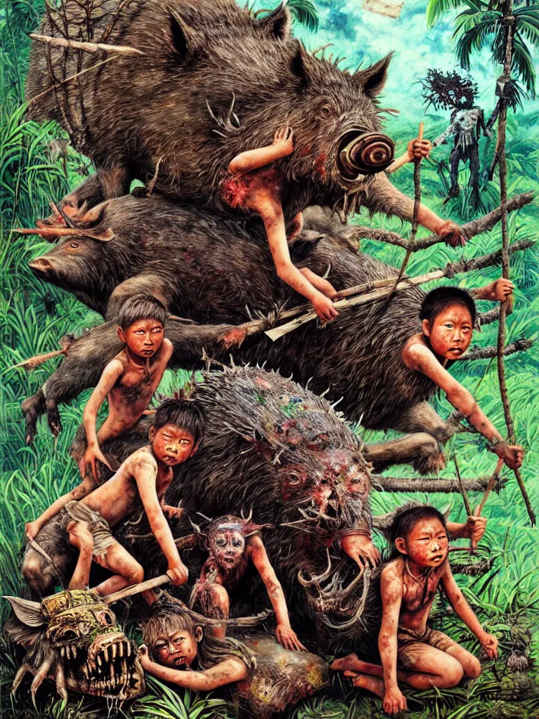 Image similar to realistic detailed image of Lord of the Flies. Dystopian horror of abandoned feral children on a tropical island and a dead giant boar, by Hou Yimin, Dan Howard, Allan Houser, Alice Hunt and Peter Hurd, Neo-Pagan, rich deep colors. Painting by Byun Shi Ji and Jiang Feng masterpiece