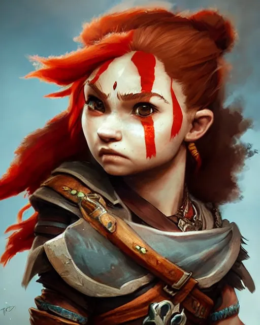 Image similar to cute little anthropomorphic kratos and aloy cute and adorable, pretty, beautiful, dnd character art portrait, matte fantasy painting, deviantart artstation, god of war, horizon zero dawn, by jason felix by steve argyle by tyler jacobson by peter mohrbacher