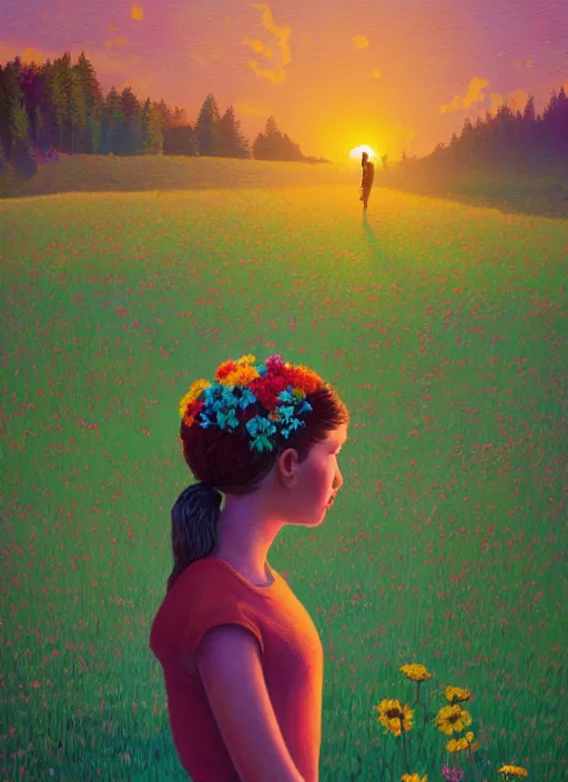 Image similar to girl with one flower head, in a field with flowers, hills, big trees, sunrise dramatic light, impressionist painting, colorful clouds, digital painting, pointillism, artstation, simon stalenhag