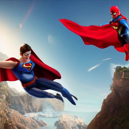 Image similar to a flying superhero catching a child that is falling from a cliff. photorealistic. realism. 4 k wideshot. cinematic. unreal engine. artgerm.