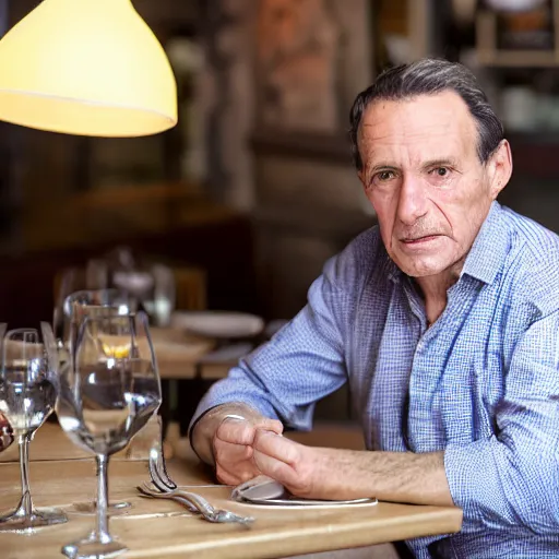 Prompt: photo in the year 1 9 5 5!!! of a frenchman from france seated in a restaurant. 5 0 mm, studio lighting