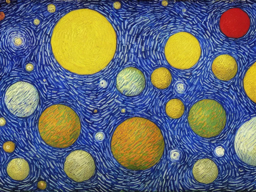 Prompt: A beautiful painting of a five planets by Gioele Muscolino Van Gogh, There are only five planets that are black, white, yellow, red, and blue, behind the galaxy and the universe, Trending on artstation, starry sky