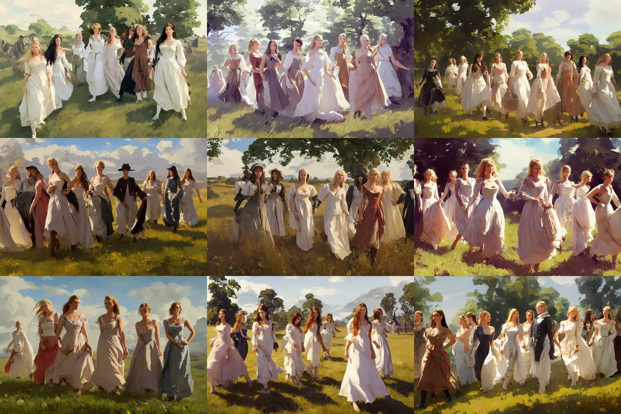 Prompt: a group of finnish norwegian swedish scandinavian attractive glamour models wearing 1 7 th century bodice with low neckline walking in the field in a sunny day, jodhpurs greg manchess painting by sargent and leyendecker, studio ghibli fantasy medium shot asymmetrical intricate elegant matte painting illustration hearthstone, by greg rutkowski by greg tocchini by james gilleard