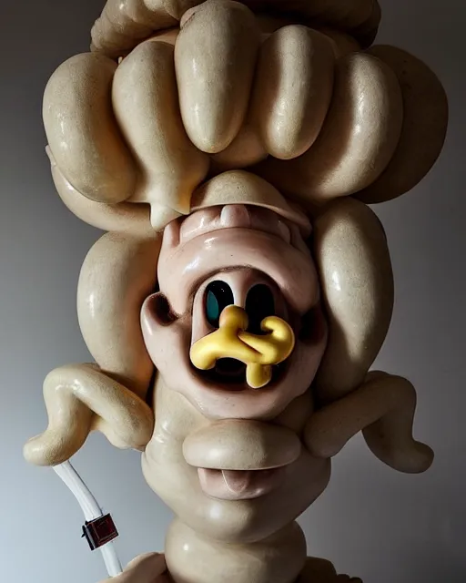 Prompt: a massive porcelain sculpture in a medieval castle of super mario spewing mushrooms from his mouth, in the style of johnson tsang, funny sculpture, lucid dream series