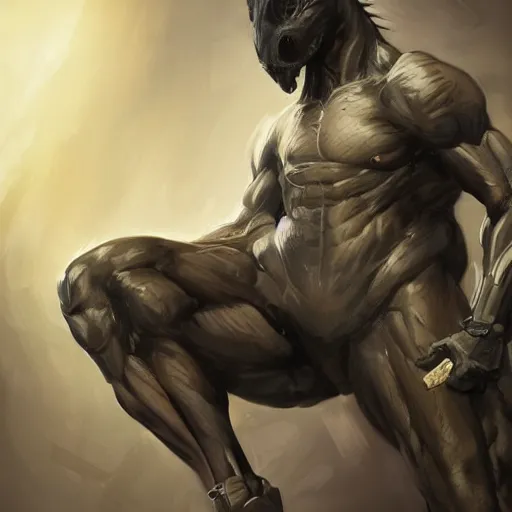 Image similar to a musclebound black - coated male anthro horse in a tactical outfit at a facility, detailed clothes texture, absurdly exaggeratedly athletic physique, highly detailed, digital painting, artstation, sharp focus, smooth, concept art, illustration, art by artgerm, greg rutkowski, wlop