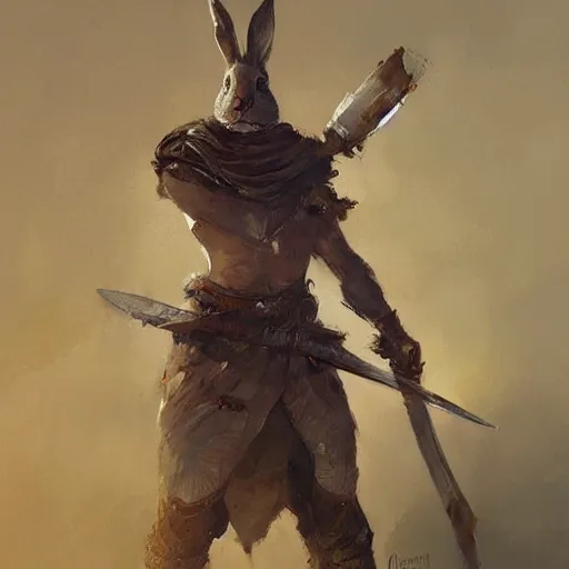 Image similar to rabbit warrior - swordsman, brush strokes, oil painting, greg rutkowski