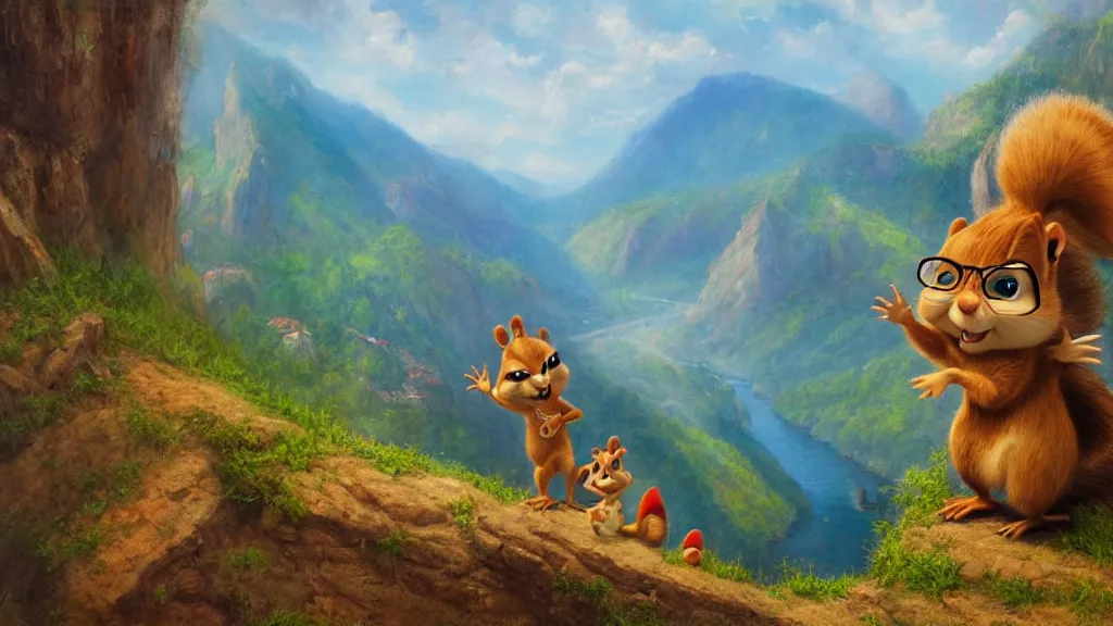 Prompt: Theodore from Alvin and the chipmunks standing on the edge of a cliff, highly detailed oil painting, epic fantasy art, abstraction, masterpeice, 8k