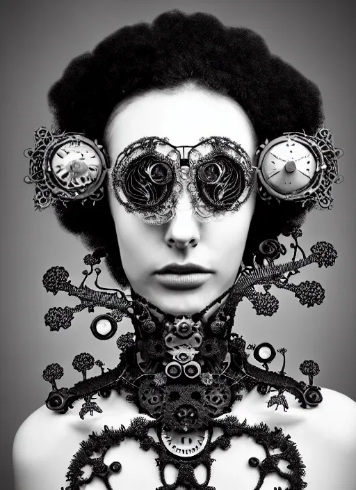 Image similar to surreal black and white photo portrait of complex bio-mechanical beautiful young female vegetal-cyborg with a Mandelbrot fractal metal fine lace face, curled silver hair, 150 mm lens, soft rim light, fine metal floral foliage super big lace collar by Alexander McQueen, high fashion, haute couture, rococo, steampunk, silver filigree details, anatomical, facial muscles, cable wires, microchip, elegant, hyper realistic, octane render, unreal engine, in the style Dora Maar, volumetric lighting, 8k,