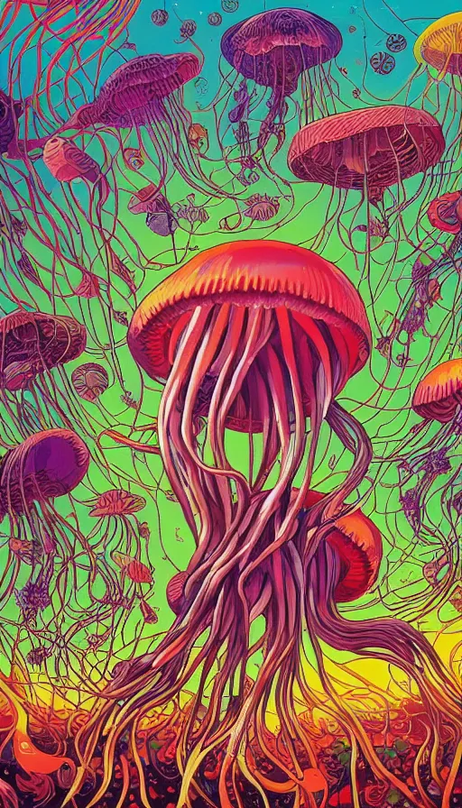 Image similar to The floral lands of the jellyfish, italian futurism, Dan Mumford, da vinci, Josan Gonzalez