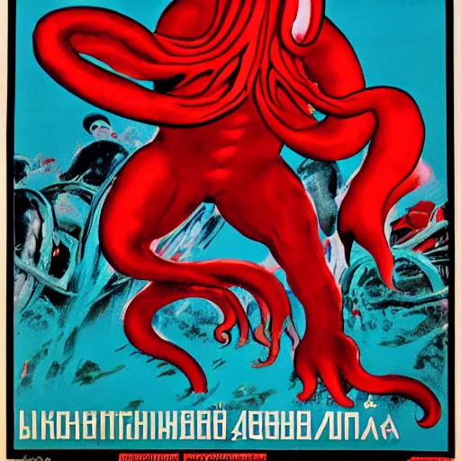 Prompt: Soviet propaganda poster about Cthulhu