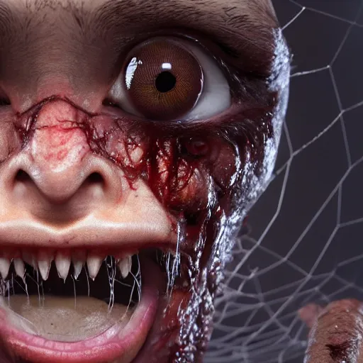 Prompt: man terrified as spiders and centipedes crawl out of his eyes and mouth, ultra realistic, horror, hyper detailed, sharp focus, ray tracing, terrifying, horrifying, octane render