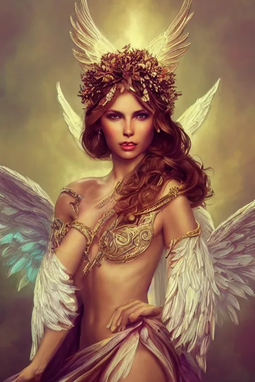 Image similar to expressive full body photo of sophia lauren as beautiful angel, smooth glowing skin, ornate headpiece made from flowers, glamour shot, by karol bak, by greg rutkowski, by artgerm, octane render, unreal engine, photorealistic, canon r 3, fashion photography