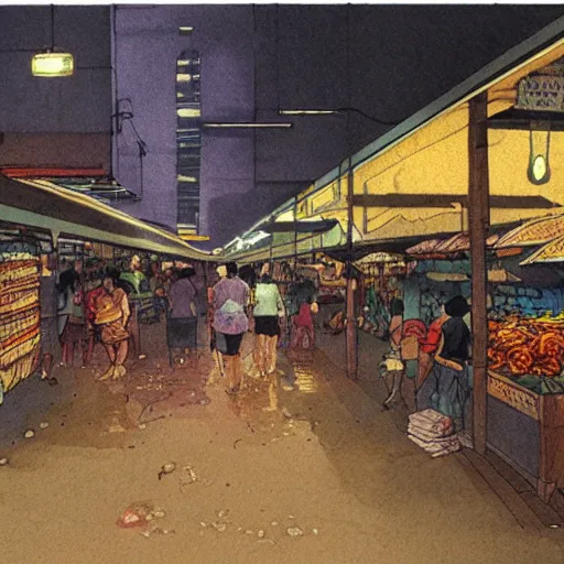 Image similar to concept art of a singaporean wet market at night, by moebius