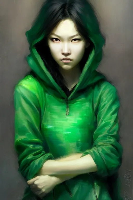 Image similar to an asian woman with emerald eyes and emerald hair that curls in the end, green aura, black hoodie, painting by daniel gerhartz, alphonse murac, detailed art, artstation